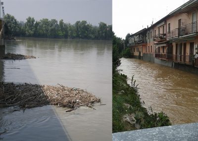 Accumulo di detriti legnosi a un ponte sul Po. Flusso di morbida nel Seveso