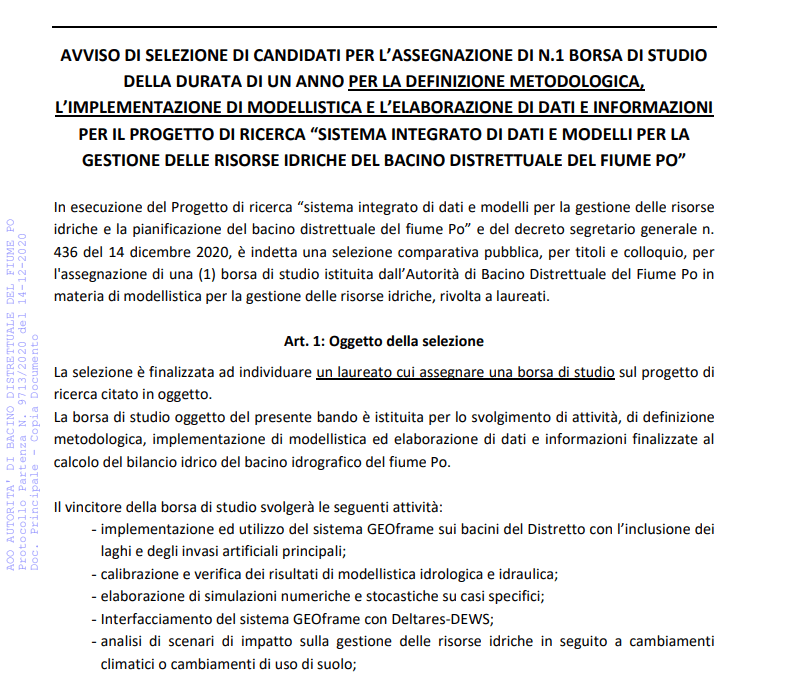 Avviso di selezione per l’assegnazione di n.° 1 Borsa di Studio